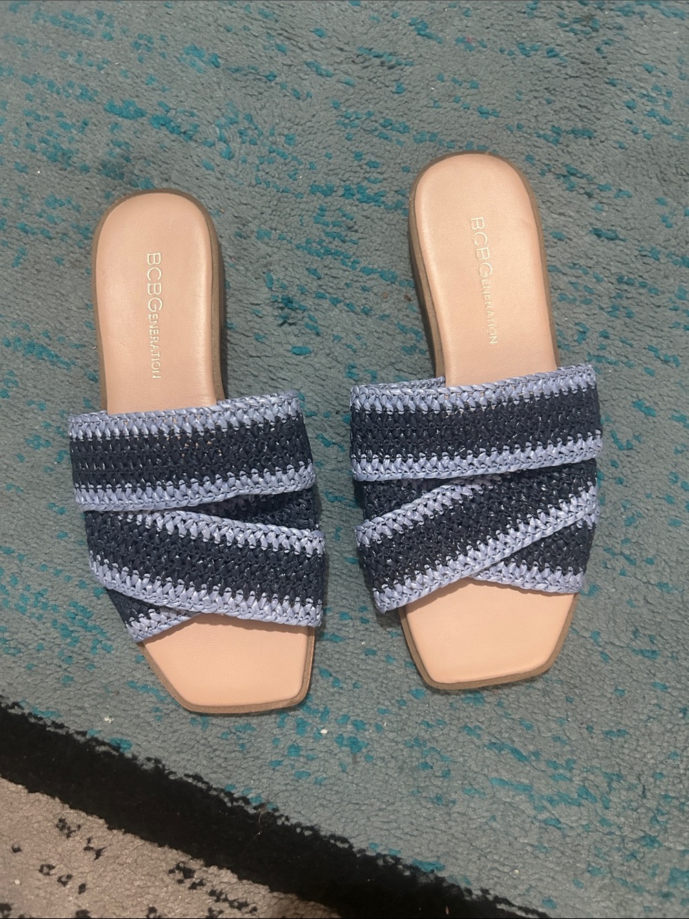 BCBGeneration Black & Light Gray Crochet Crossover Slide Sandals